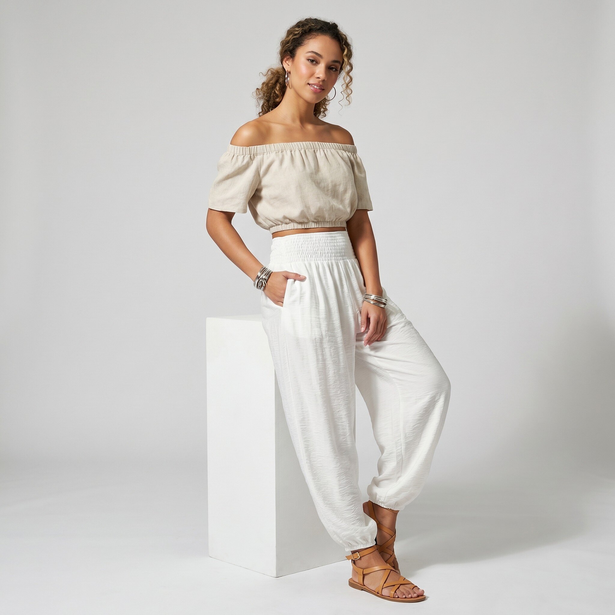 Wholesaler L'Emotion - Wide Harem Pants with a Baggy Fit, Smocked Elastic Waist, and Pockets