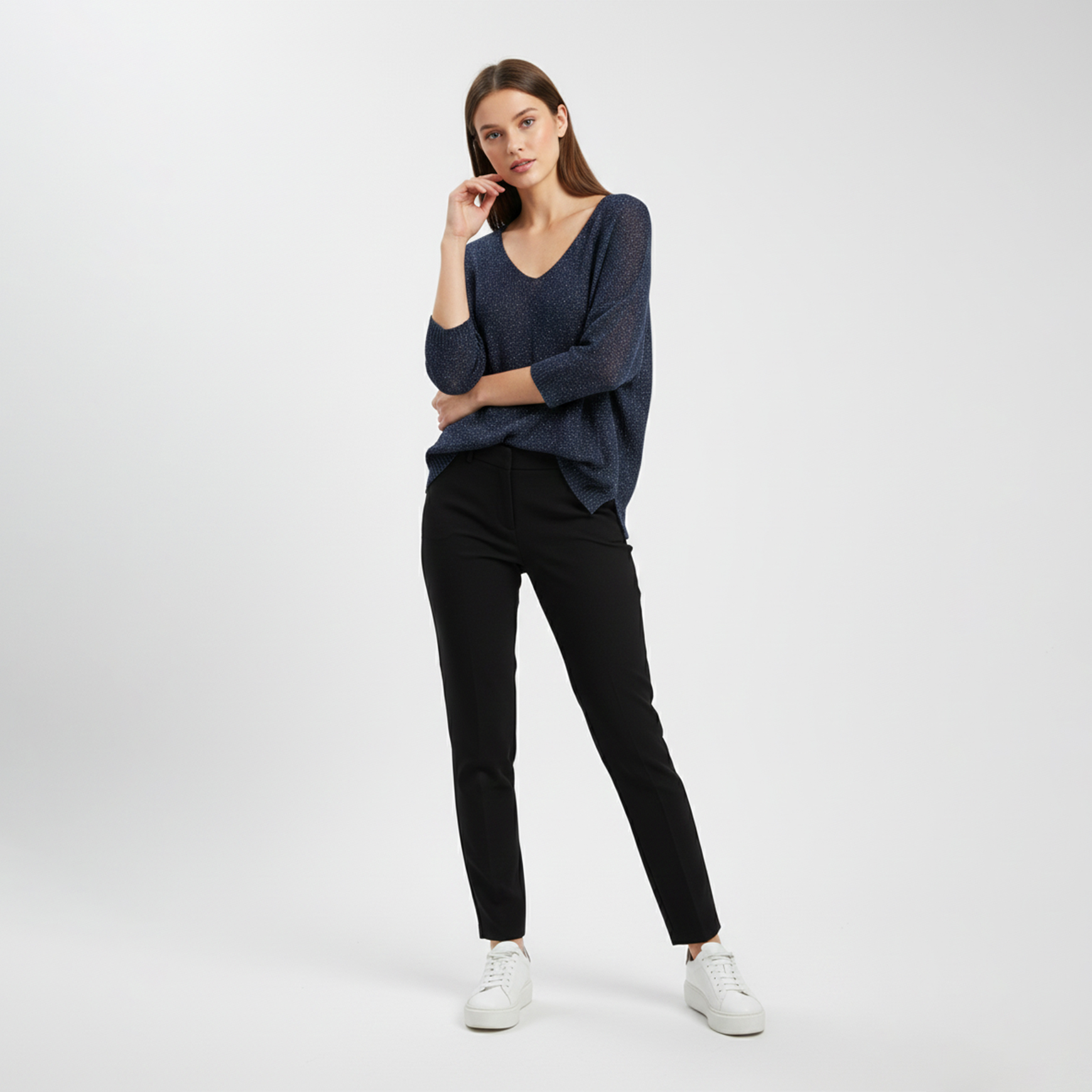 Wholesaler L'Emotion - Acrylic Modal Shiny Yarn V-Neck Knitted Sweater