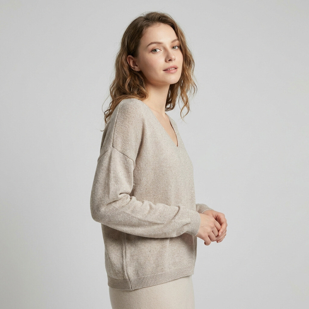 Wholesaler L'Emotion - Fine Knit V-Neck Sweater with Shiny Sequins and Ribbed Edges