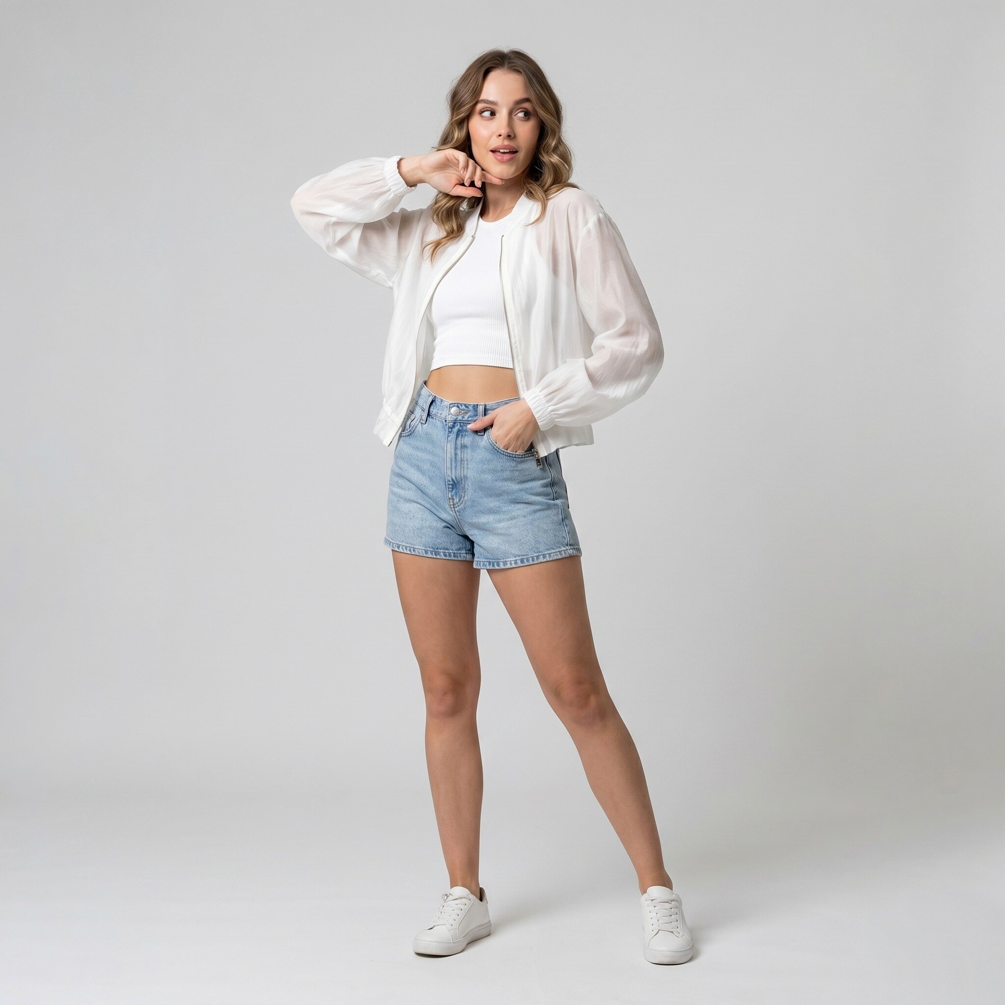 Wholesaler L'Emotion - Short Zip-Up Jacket with Puff Sleeves and Drawstring Waist