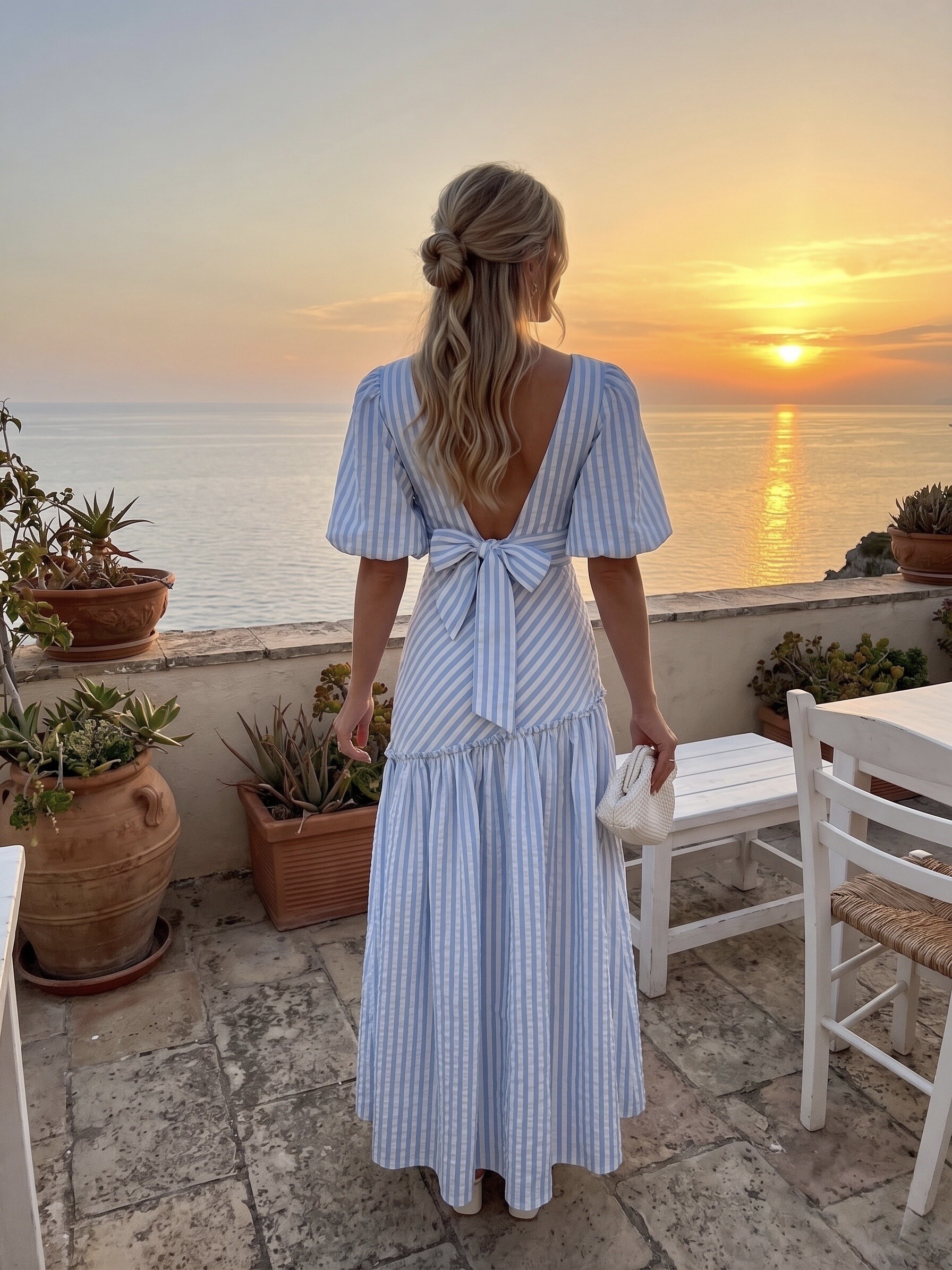 Grossista L'ESSENTIEL - Completo con Top Schiena Aperta da Annodare e Gonna Asimmetrica Lunga a Righe