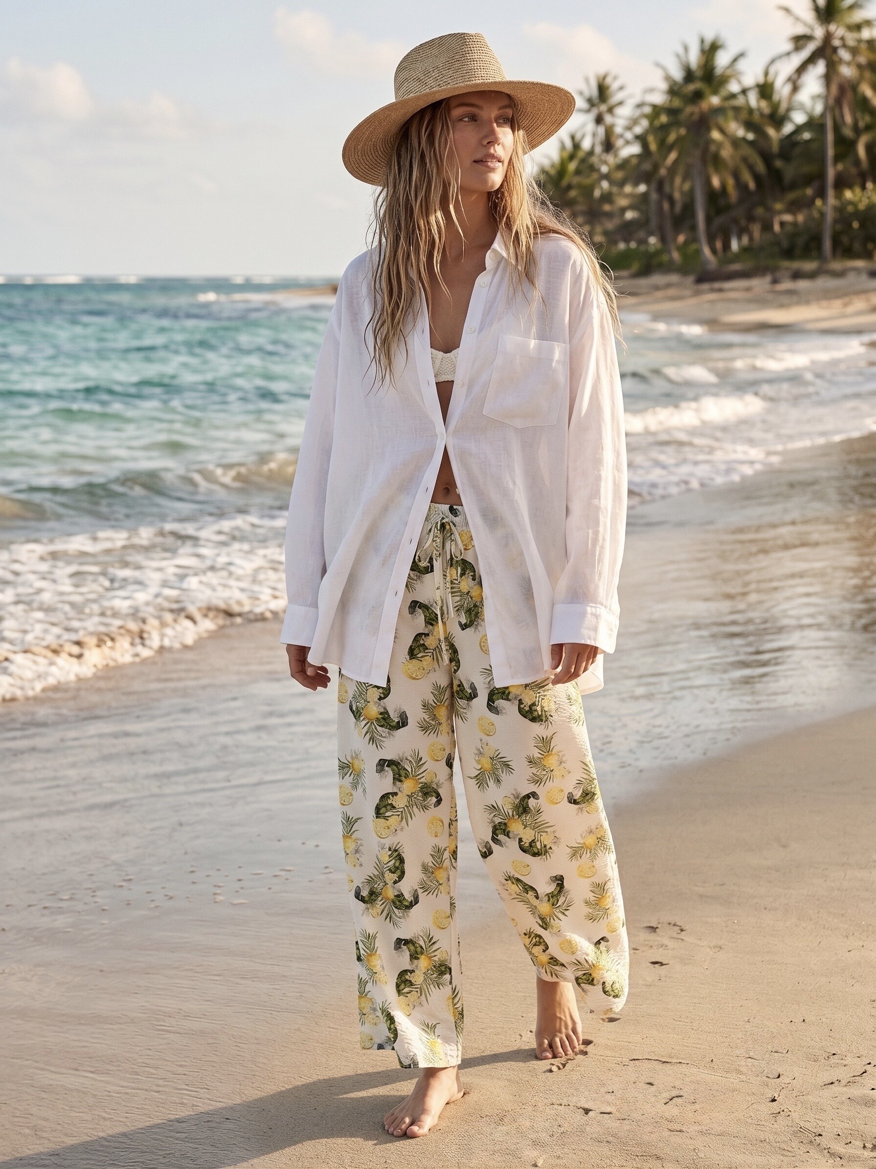 Mayorista L'ESSENTIEL - Pantalón de Pierna Ancha de Talle Alto con Estampado de Limón de Playa