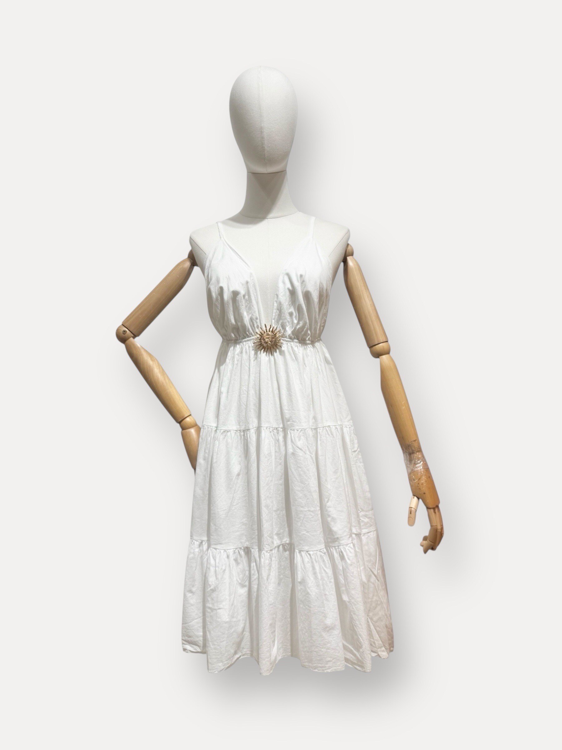 Großhändler L'ESSENTIEL - CRYSTAL kurzes Trägerkleid mit Sonnenbroschen und offenem Rücken