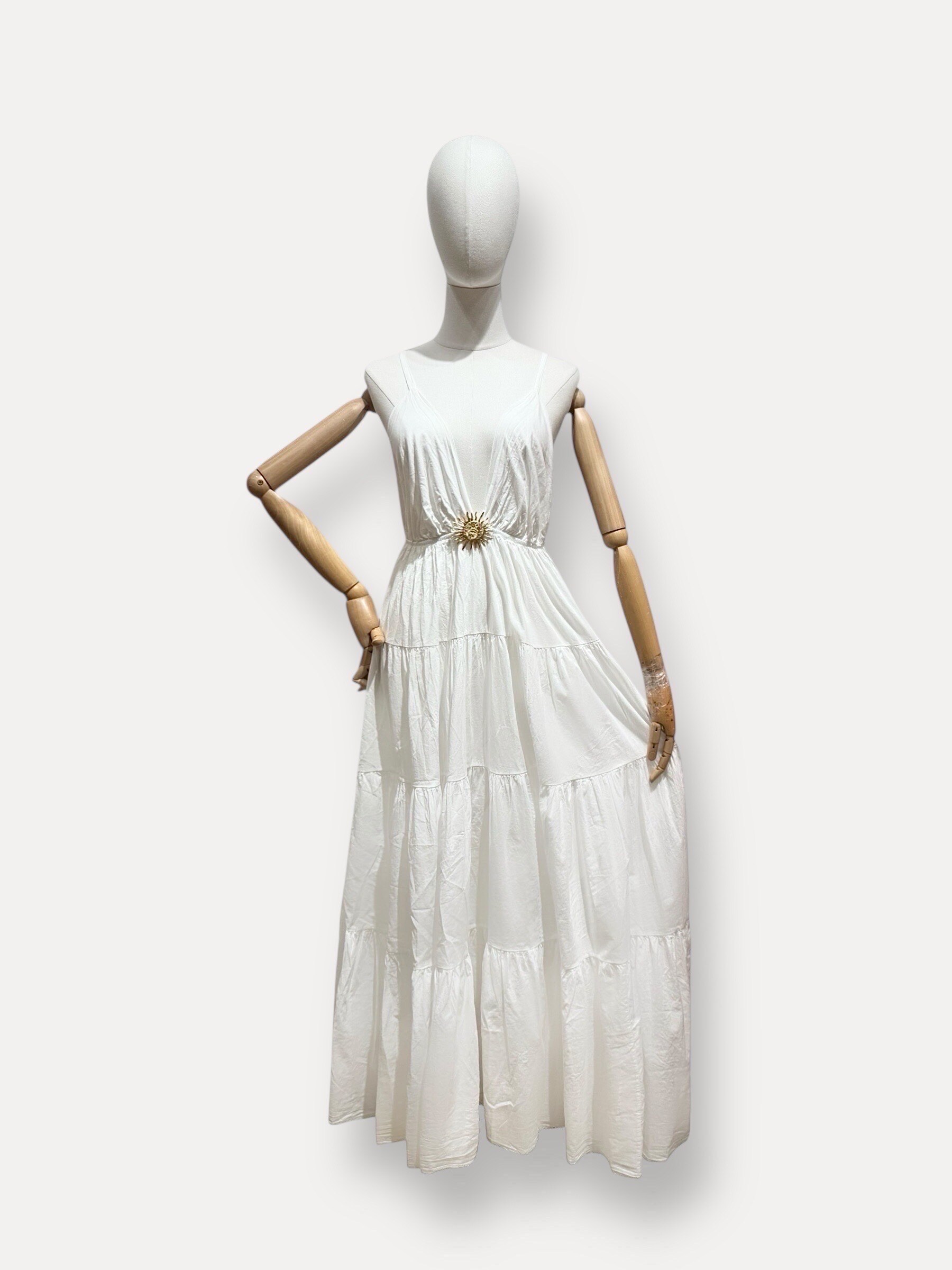Grossiste L'ESSENTIEL - Robe Longue À Bretelles Echancré Devant Avec Broche Soleil Dorée