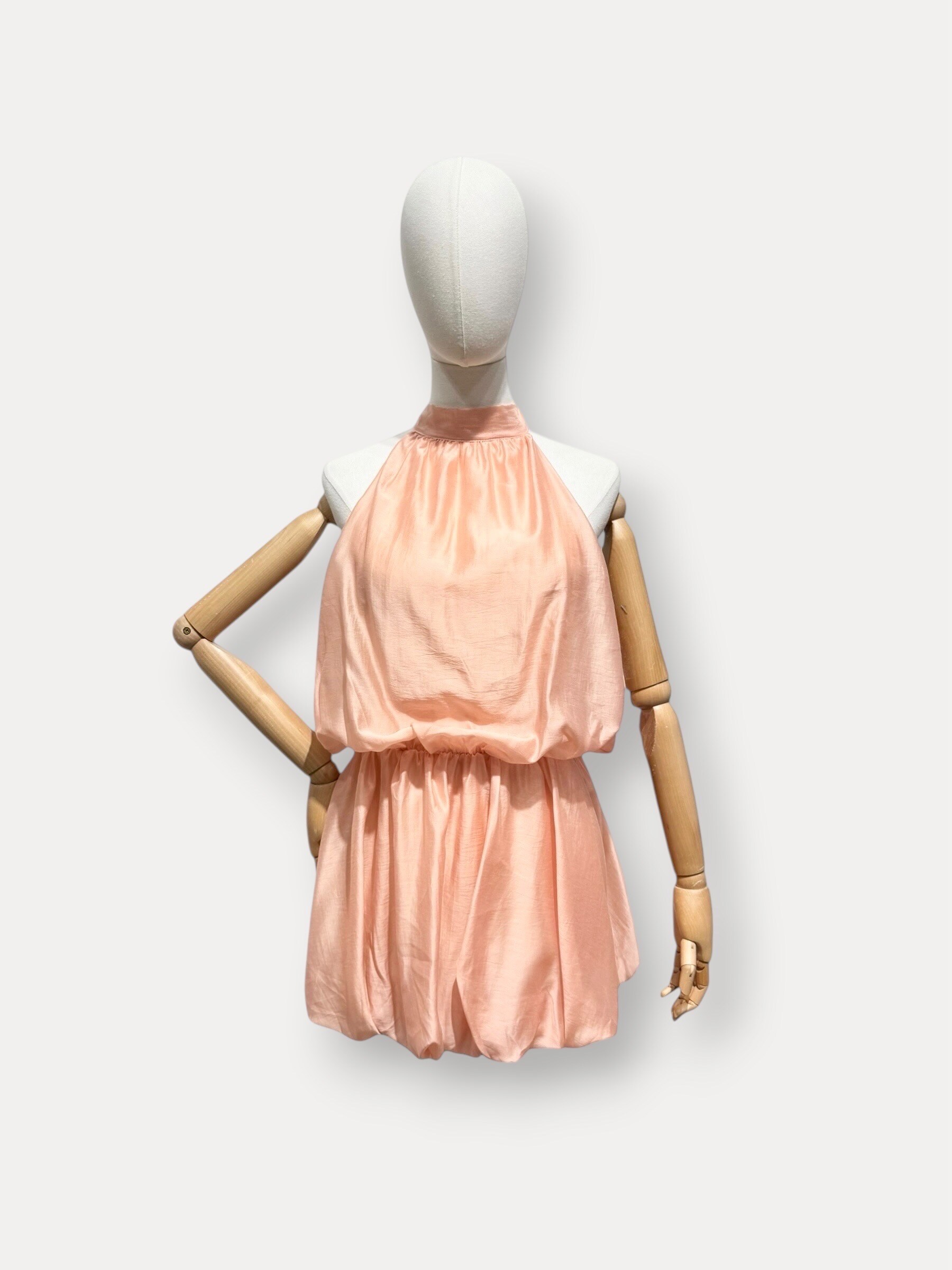 Mayorista L'ESSENTIEL - Vestido Corto KARLA Burbuja con Cuello Halter Alto para Atar de Color Sólido