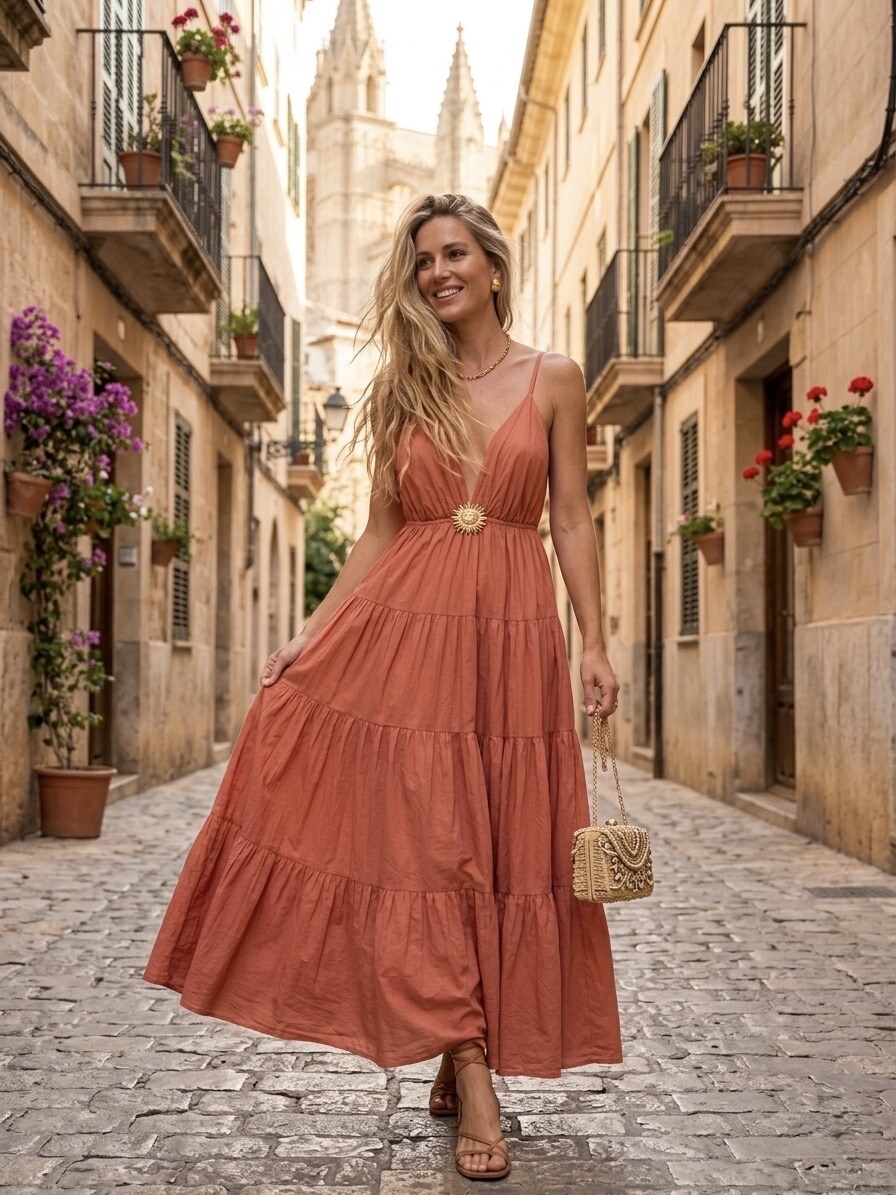 Grossista L'ESSENTIEL - Abito Lungo Annaëlle con Spalline Regolabili e Spilla Sole
