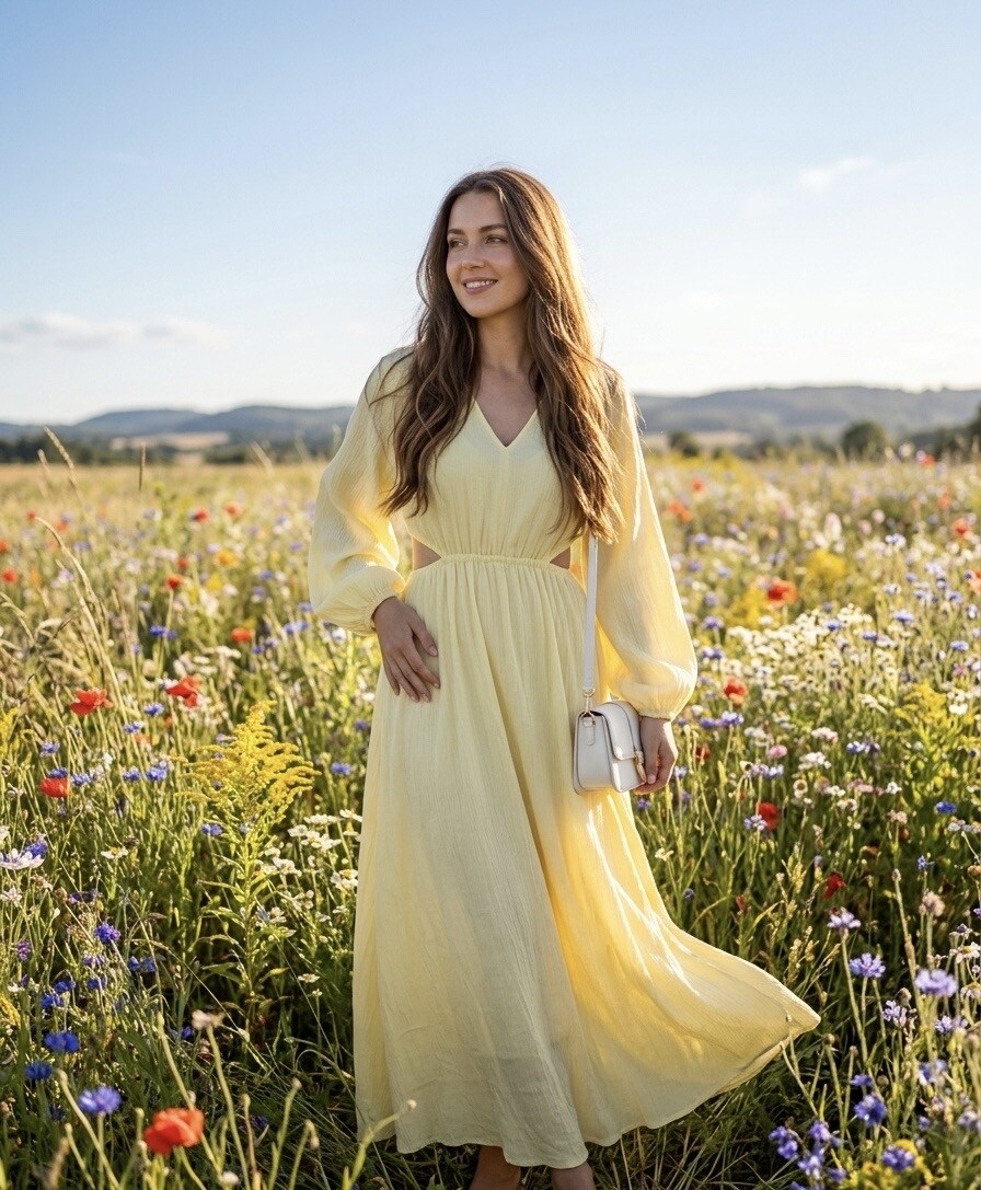 Mayorista L'ESSENTIEL - Vestido Maxi Yasmine con Mangas Largas y Cuello en V, Color Sólido con Abertura en la Cintura