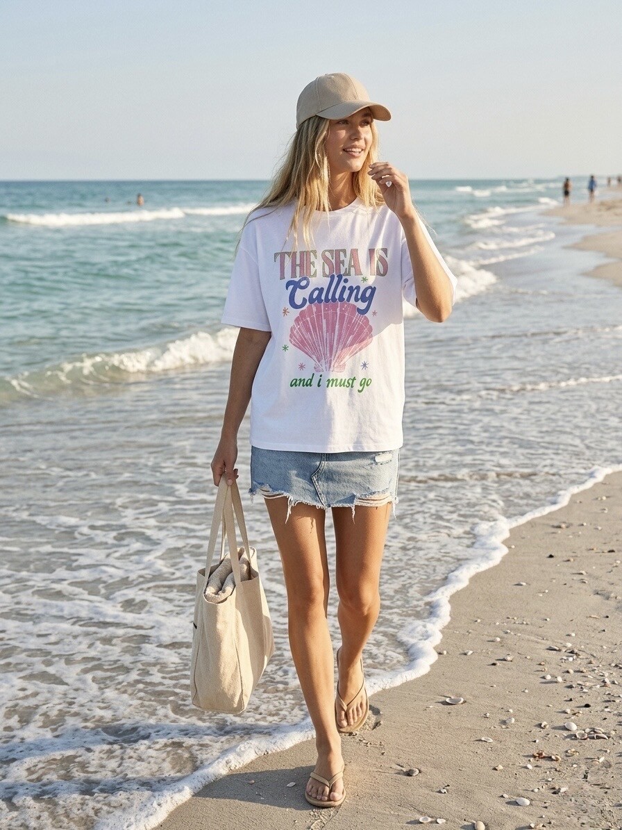 Grossista L'ESSENTIEL - T-Shirt a Maniche Corte con Stampa di Conchiglia THE SEA IS COMING sul Davanti