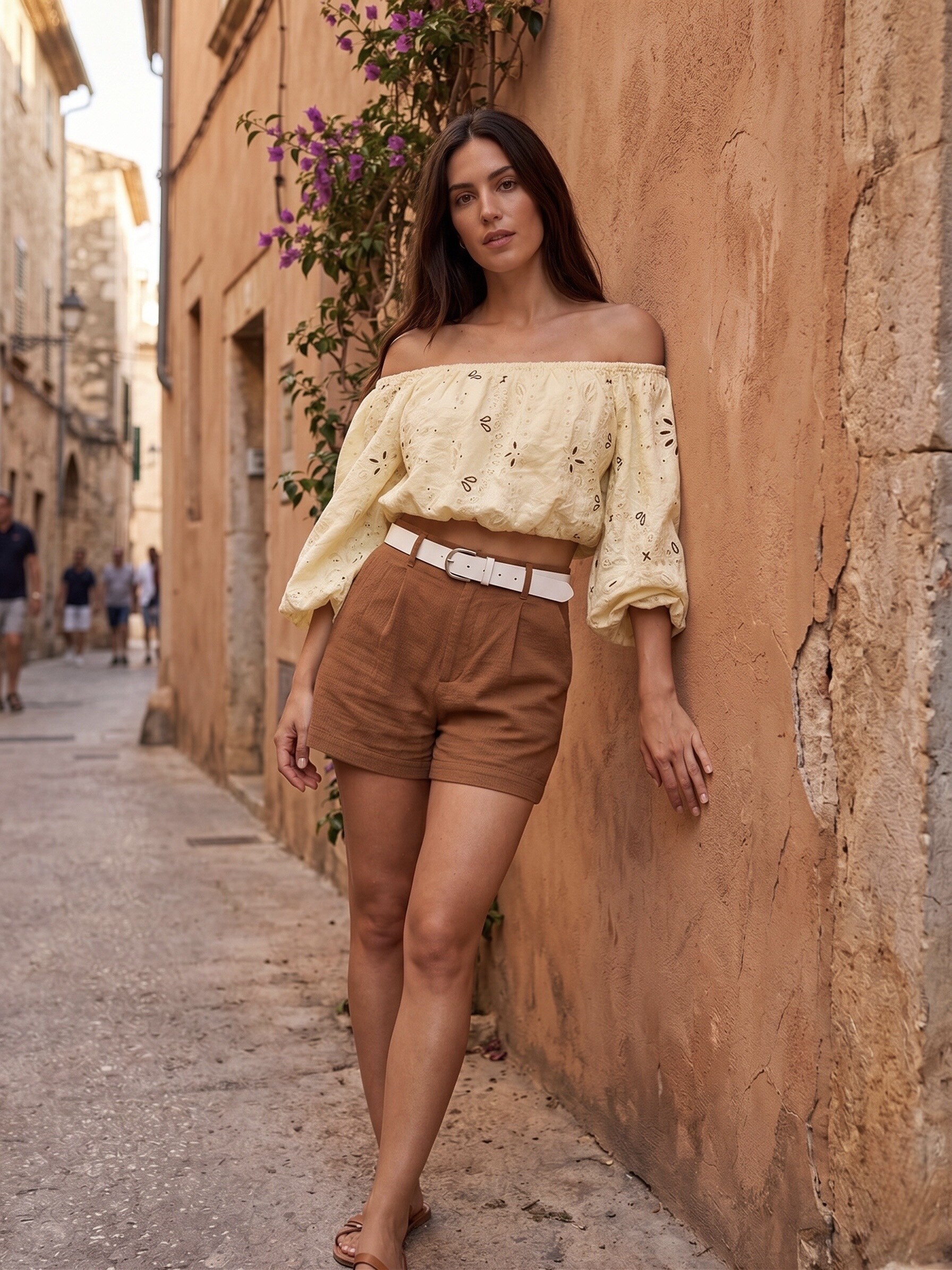 Grossista L'ESSENTIEL - Top Bardot a maniche lunghe con stampa bandana e spalle scoperte in lino