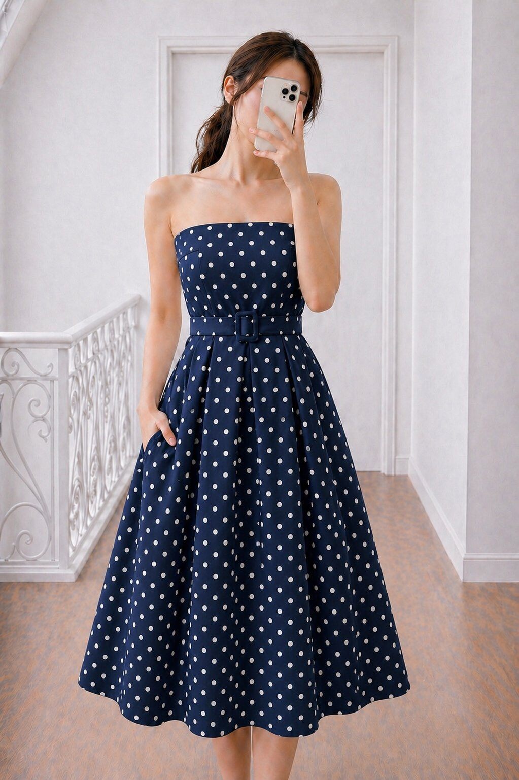 Mayorista L.Steven - Vestido palabra de honor con cinturón y lunares