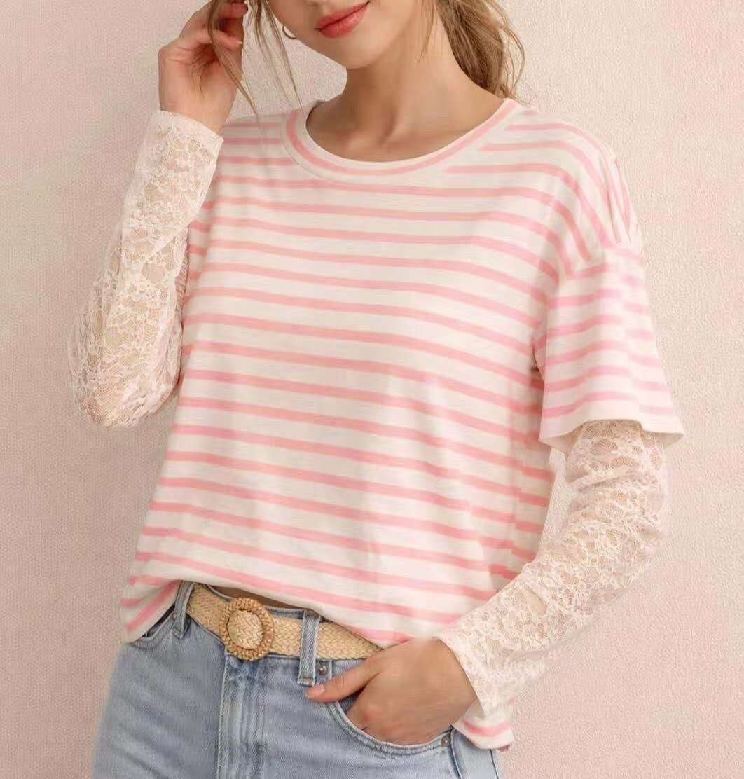 Grossista L.Steven - T-shirt a righe a maniche lunghe in pizzo