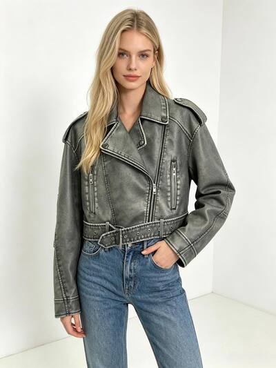 Großhändler L8 - Damen-Bikerjacke im Vintage-Lederlook mit Gürtel Großhändler L8 - Damen-Bikerjacke im Vintage-Lederlook mit Gürtel