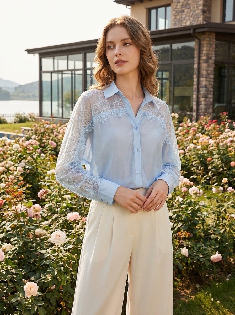 Haut Dentelle Candie's - Bleu Fleuri Transparent - Taille M - Neuf Avec étiquette