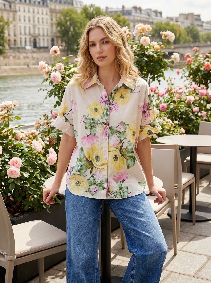 Mayorista LAFÉEROSE - Camisa fluida con encanto bucólico Oversize “Jardin de Roses”