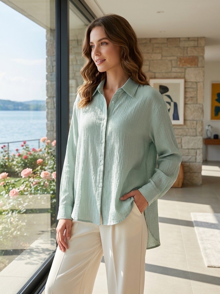 Mayorista LAFÉEROSE - Camisa blusa fluida de viscosa para anudar decorada con botones y falsos bolsillos