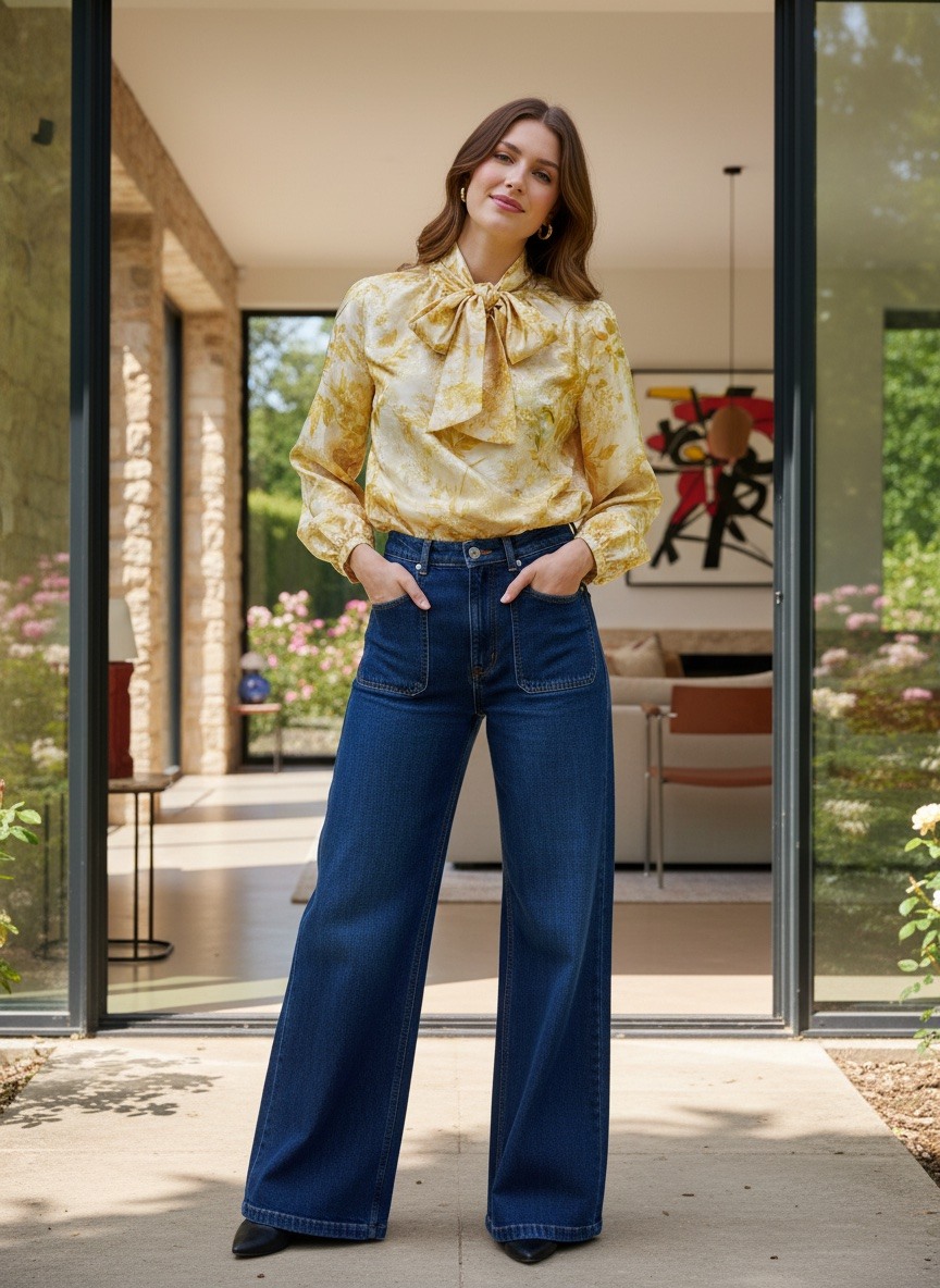 Grossiste LAFÉEROSE - Chemise blouse fluide imprimé fleuri et broderie à col lavallière - soie sati