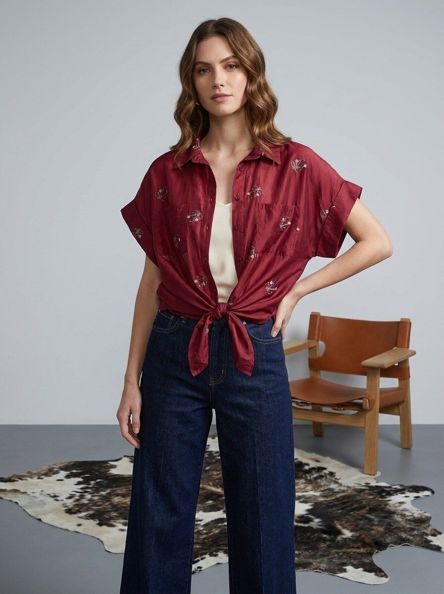 Mayorista LAFÉEROSE - Blusa de camisa de tencel con bordados de flores - efecto seda