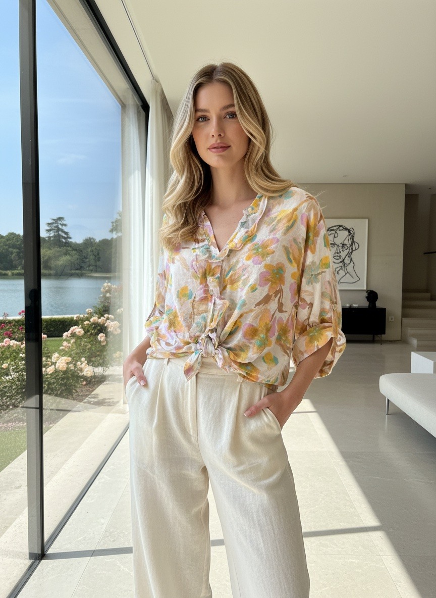 Grossiste LAFÉEROSE - Chemise blouse en tencel fluide imprimé floral manches 3/4 nœud bohème