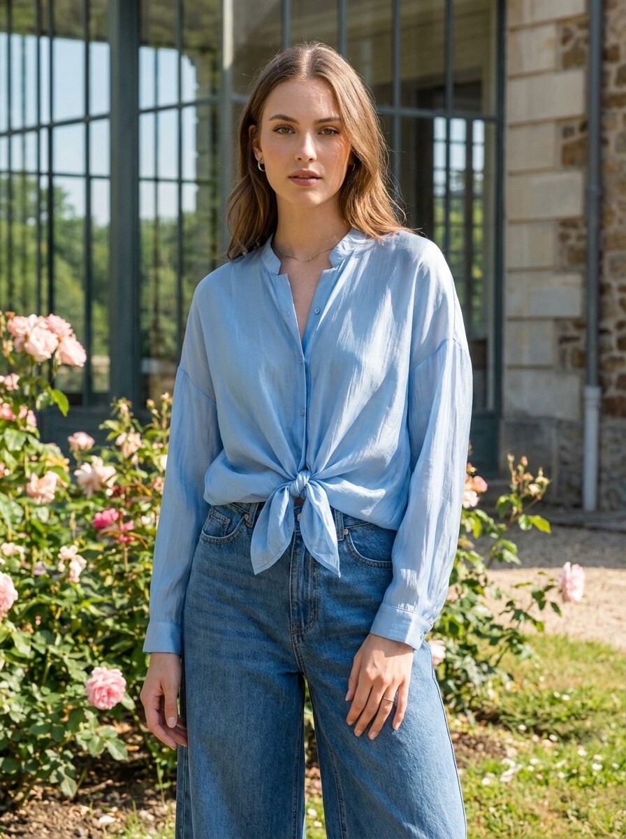 Grossiste LAFÉEROSE - Chemise blouse 85% tencel à nouer fluide et ample, manches longues effet soie