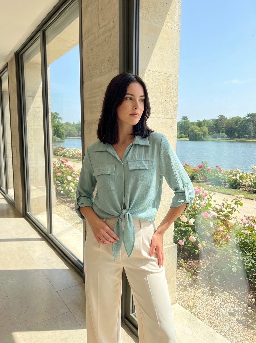 Großhändler LAFÉEROSE - Fließendes Blusenshirt aus Viskose zum Binden, verziert mit Knöpfen und angedeuteten Taschen