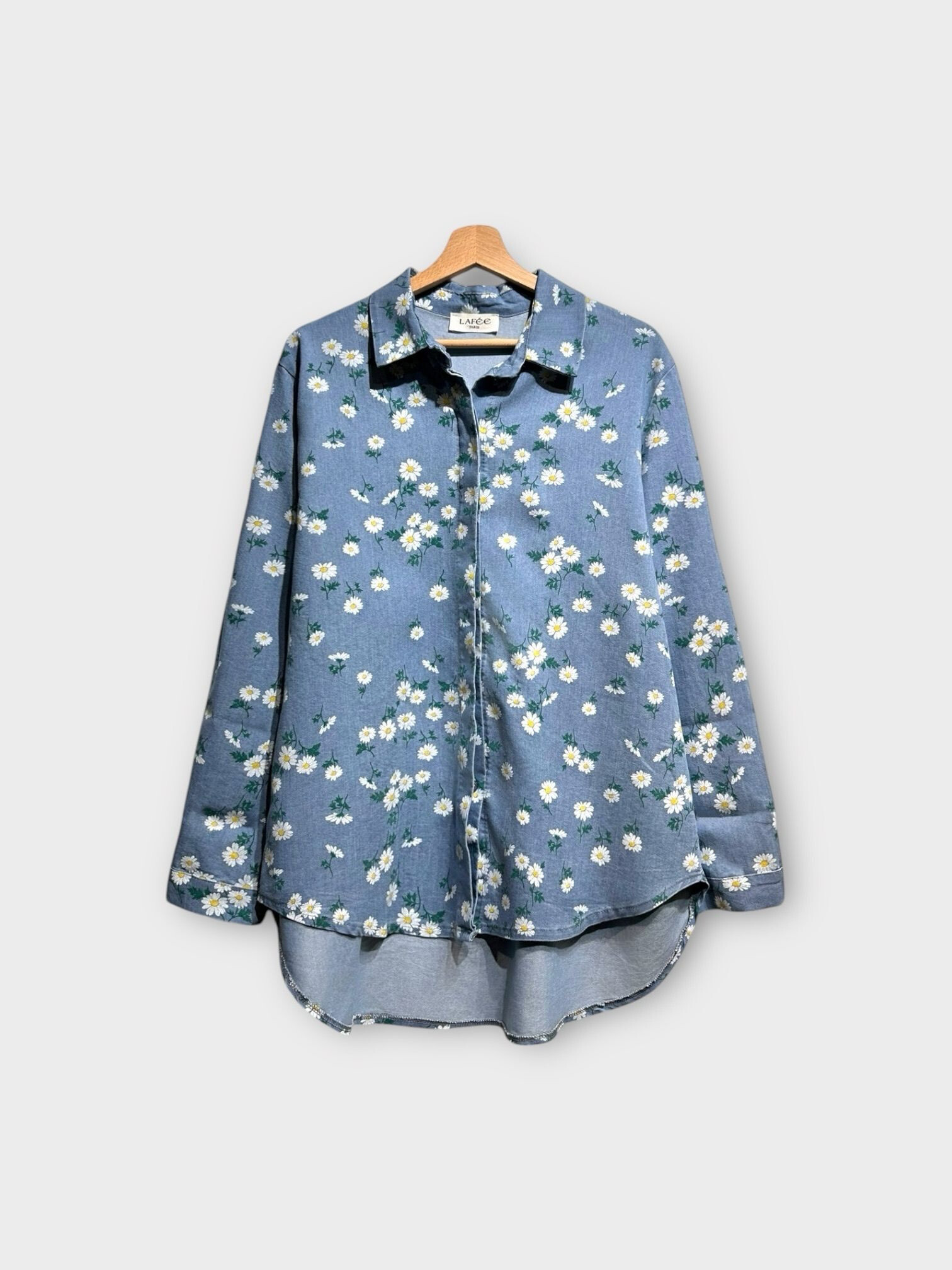 Wholesaler LAFÉEROSE - Oversize cotton shirt flexible denim with long -sleeved flowers - bohemian