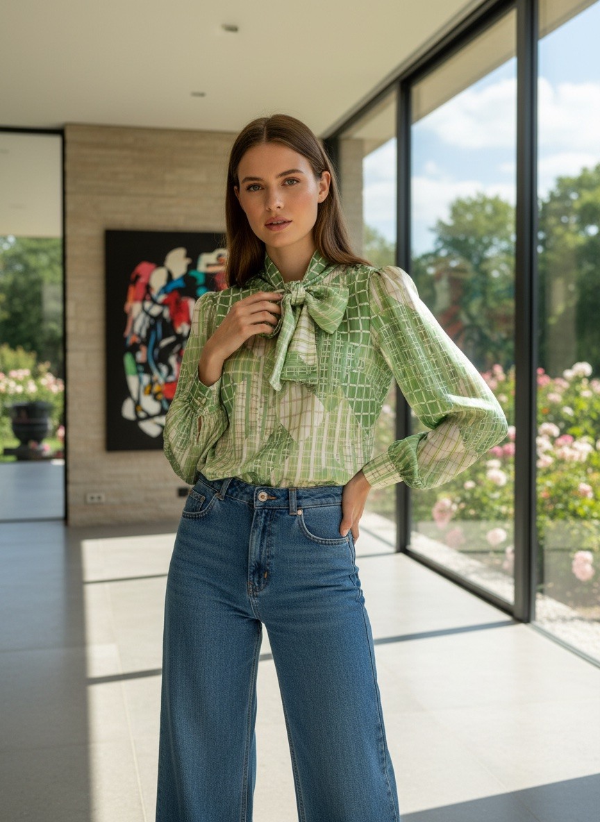 Grossista LAFÉEROSE - Blusa fluida stampata, colletto a maniche lunghe con fiocco effetto seta