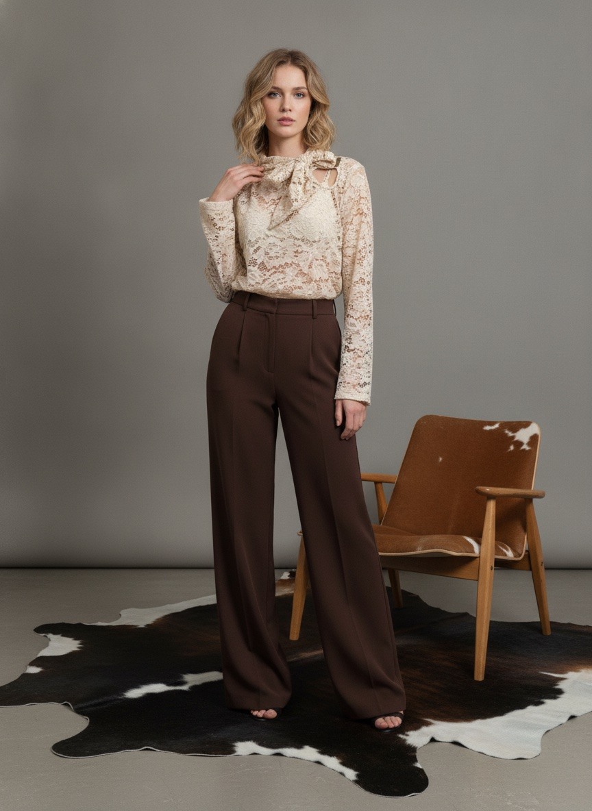 Grossiste LAFÉEROSE - CHEMISE EN DENTELLE À COL ROND NOEUD MANCHES LONGUES DÉTAILS COTON EFFET SOIE