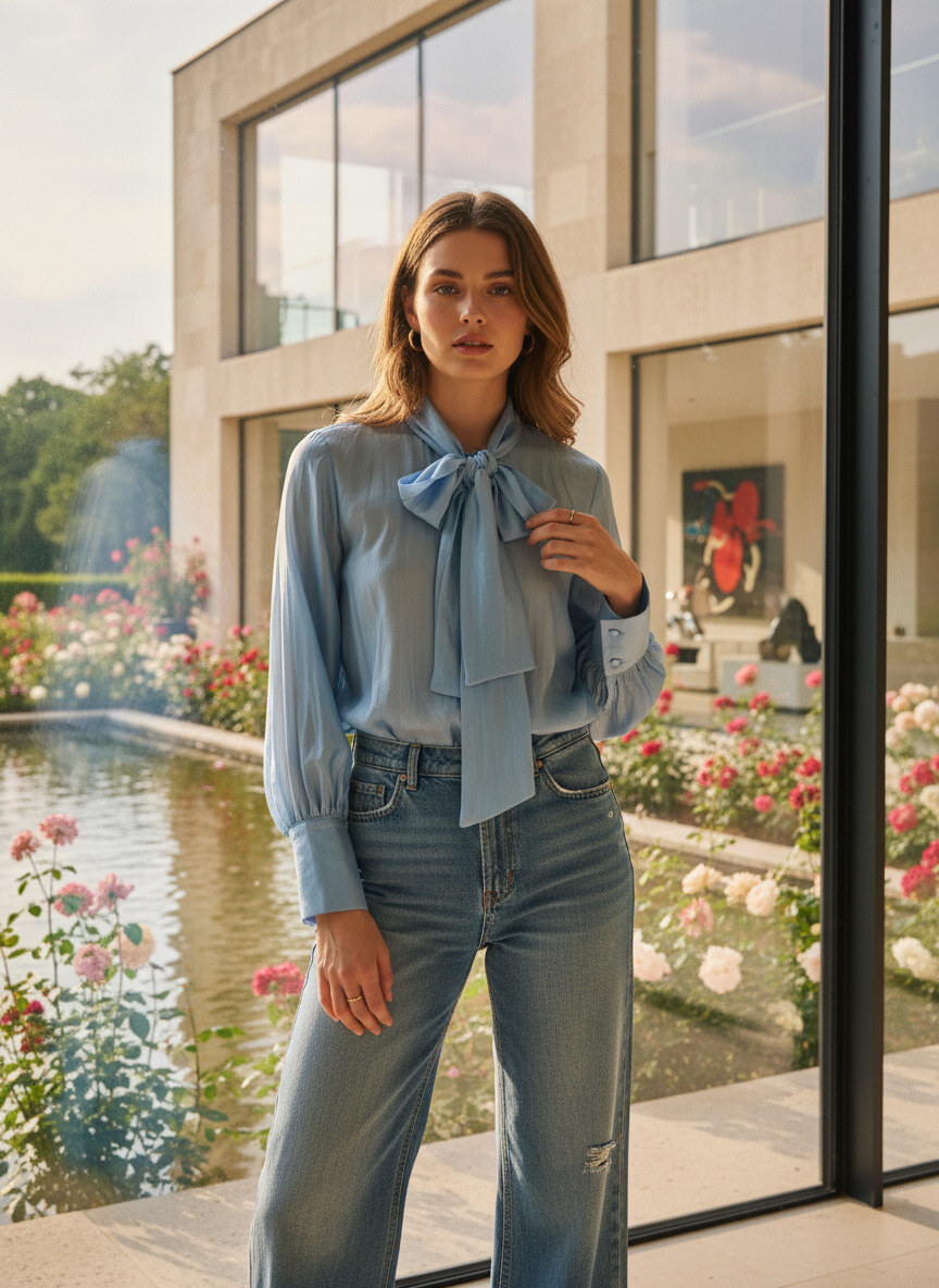 Mayorista LAFÉEROSE - Blusa de tencel fluida y holgada con cuello lavallière, mangas largas abullonadas con efecto seda