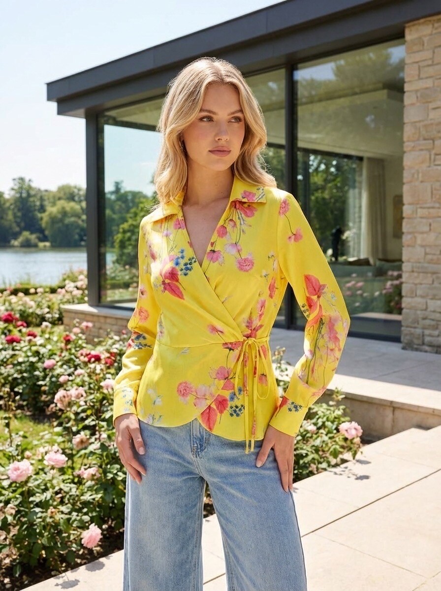 Grossiste LAFÉEROSE - Top - Blouse en 100% viscose cache cœur fluide à nouer imprimé fleuris color?