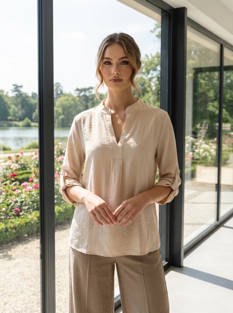 Mayorista LAFÉEROSE - Camisa blusa fluida de viscosa para anudar decorada con botones y falsos bolsillos
