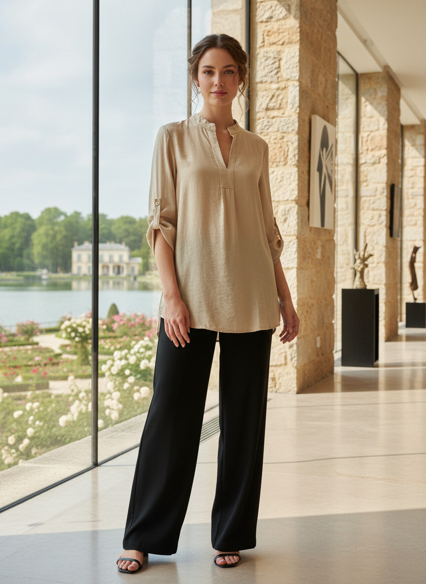 Grossiste LAFÉEROSE - Chemise blouse en viscose texturé fluide col tunisien et manches retroussables