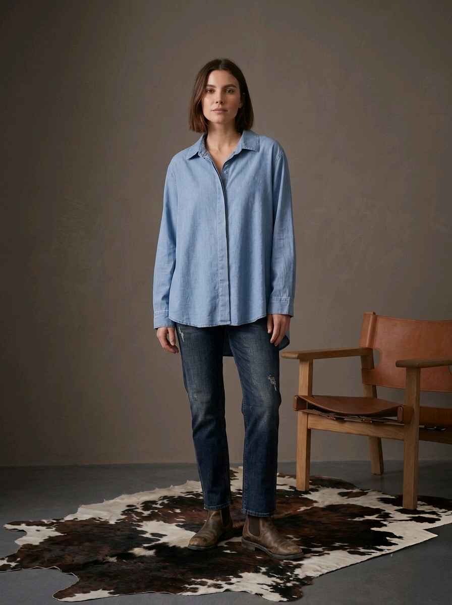 Mayorista LAFÉEROSE - Camisa de gran tamaño unida en mezclilla de algodón flexible con mangas largas - amplio evasado