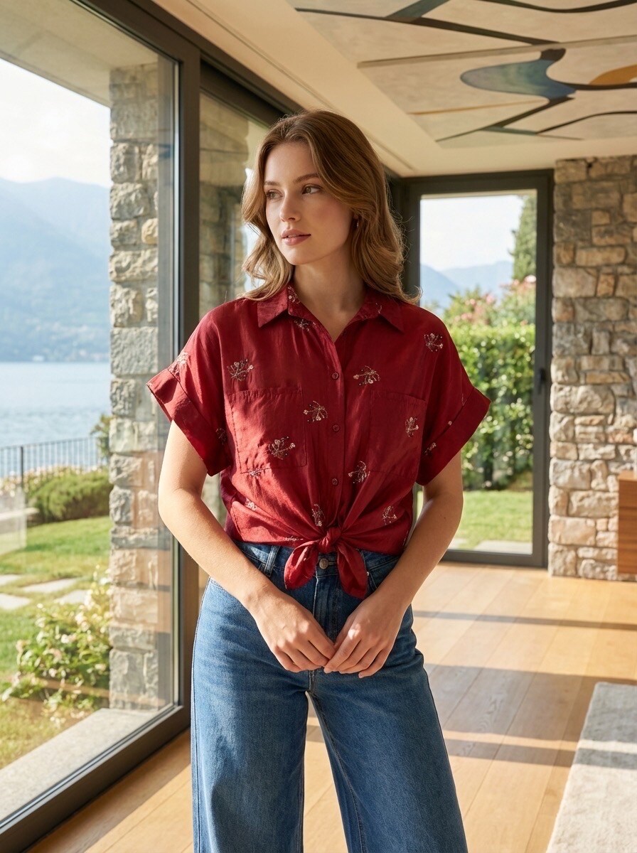 Mayorista LAFÉEROSE - Blusa de camisa de tencel con bordados de flores - efecto seda