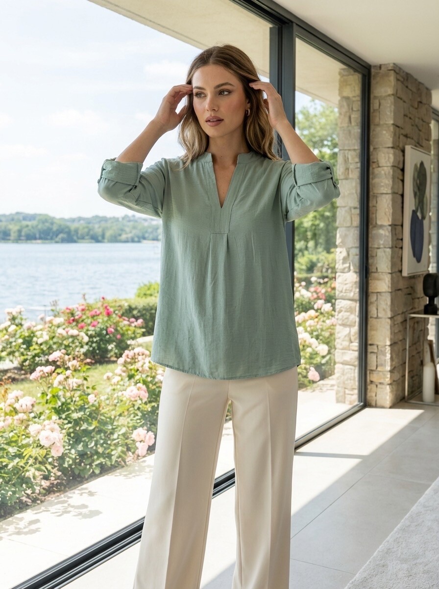 Grossiste LAFÉEROSE - Chemise blouse en viscose texturé fluide col tunisien et manches retroussables