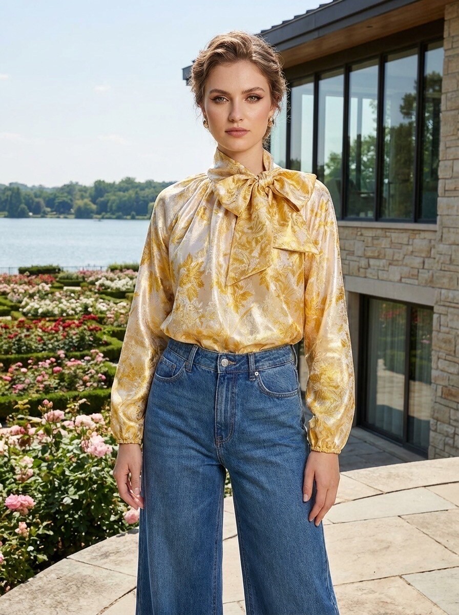 Grossista LAFÉEROSE - Flower - Camicia fiorita e ricami nel colletto Lavallière - Seta di raso