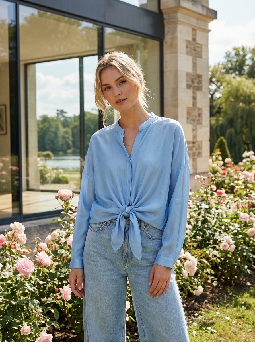 Grossiste LAFÉEROSE - Chemise blouse 85% tencel à nouer fluide et ample, manches longues effet soie