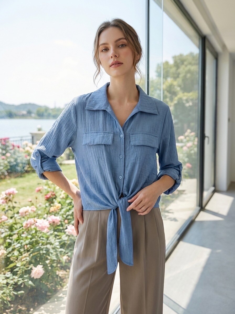 Mayorista LAFÉEROSE - Camisa blusa fluida de viscosa para anudar decorada con botones y falsos bolsillos
