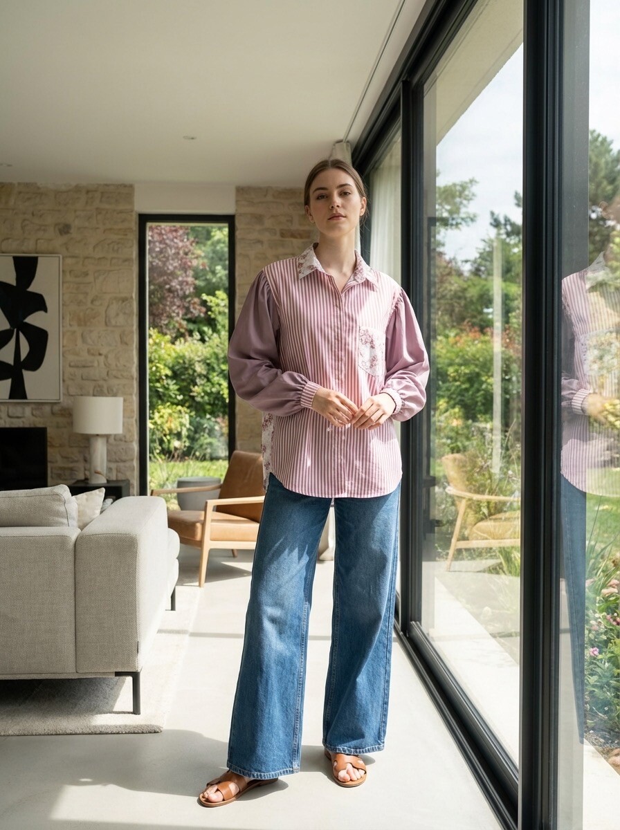 Grossiste LAFÉEROSE - Chemise oversize en coton à rayures et fleurs - boutons et poche sur le devant