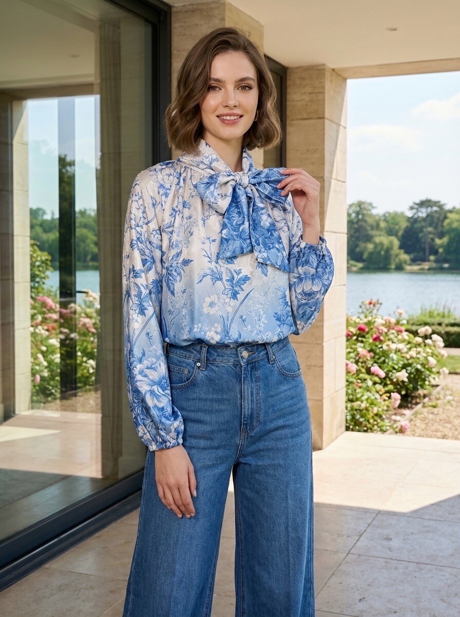 Grossiste LAFÉEROSE - Chemise blouse fluide imprimé fleuri et broderie à col lavallière - soie sati