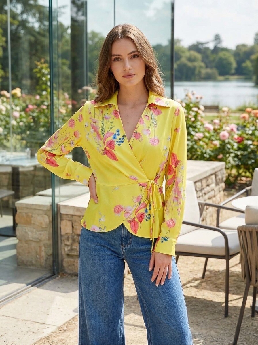 Grossiste LAFÉEROSE - Top - Blouse en 100% viscose cache cœur fluide à nouer imprimé fleuris color?