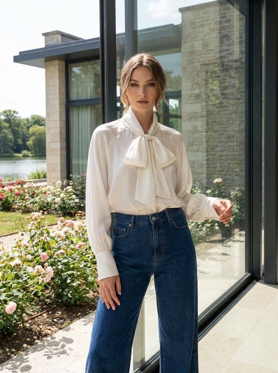 Grossista LAFÉEROSE - Blusa in tencel fluida e ampia con colletto lavallière, maniche lunghe a sbuffo effetto seta