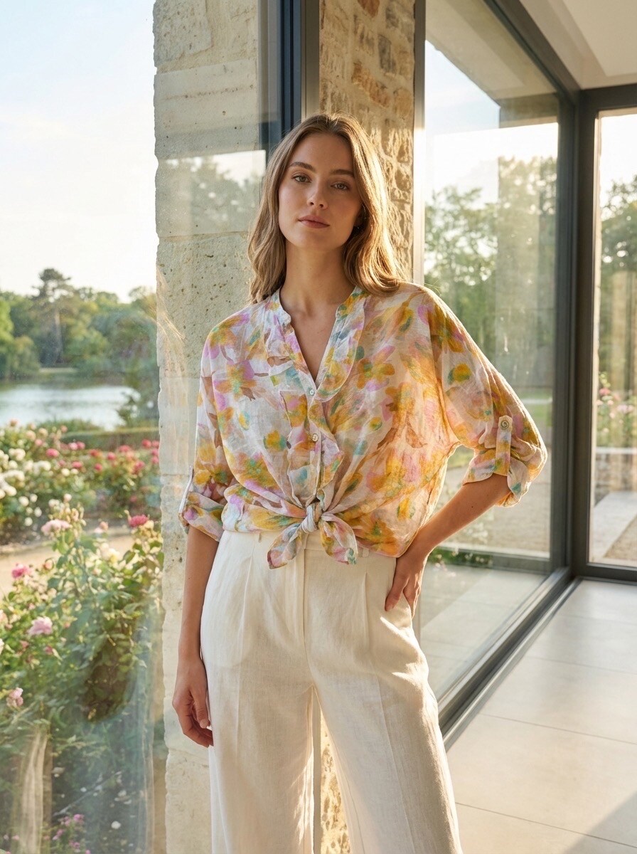Grossiste LAFÉEROSE - Chemise blouse en tencel fluide imprimé floral manches 3/4 nœud bohème