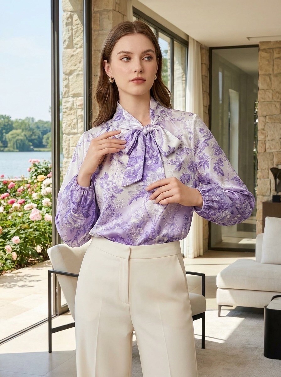 Grossiste LAFÉEROSE - Chemise blouse fluide imprimé fleuri et broderie à col lavallière - soie sati
