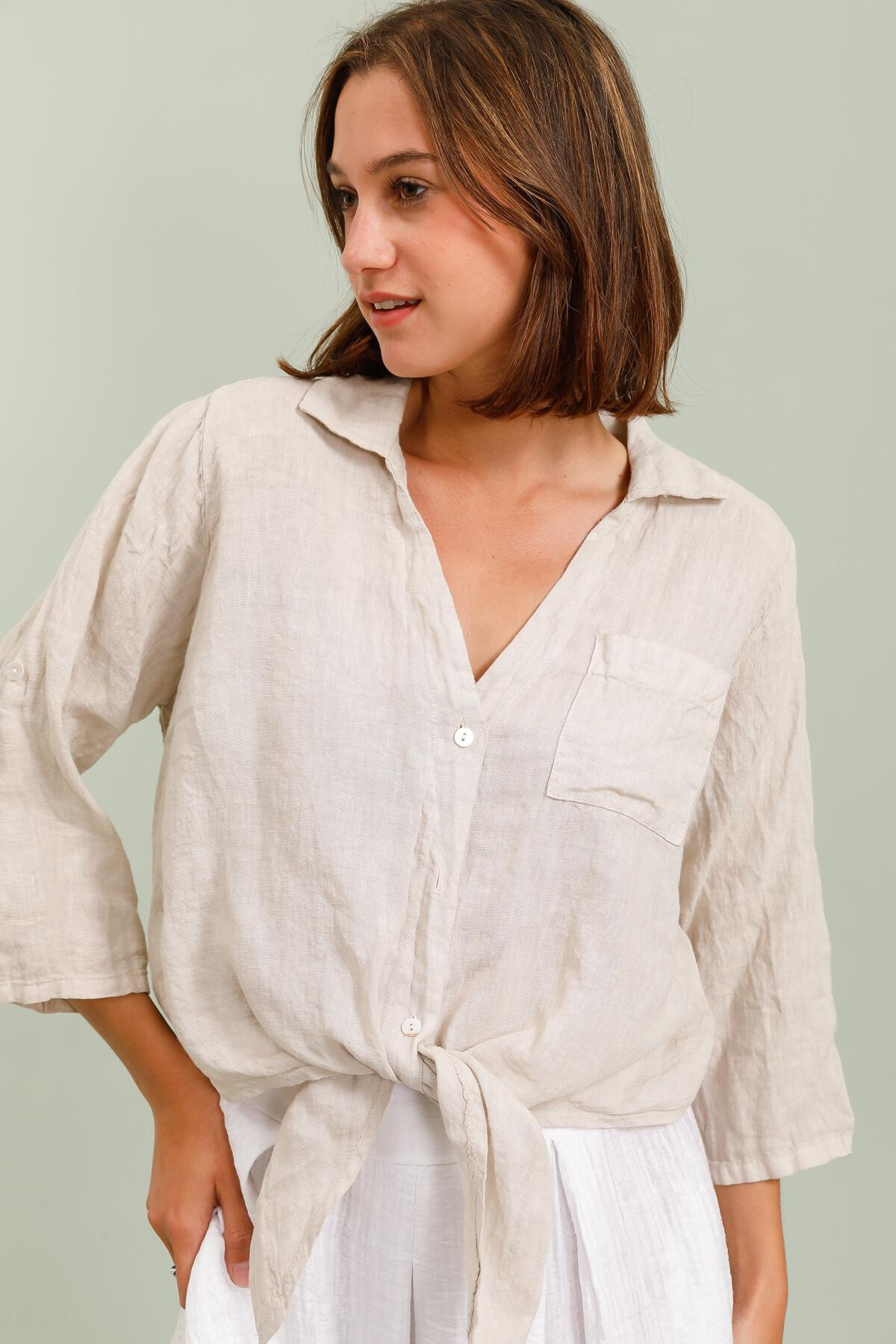 Grossista LAFÉEROSE - Camicetta di lino fluido blusa a nodare, maniche e tasca da 3/4 - bohémien