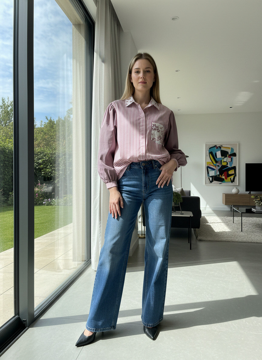 Grossista LAFÉEROSE - Camicia oversize in cotone con righe e fiori - bottoni e taschino sul davanti