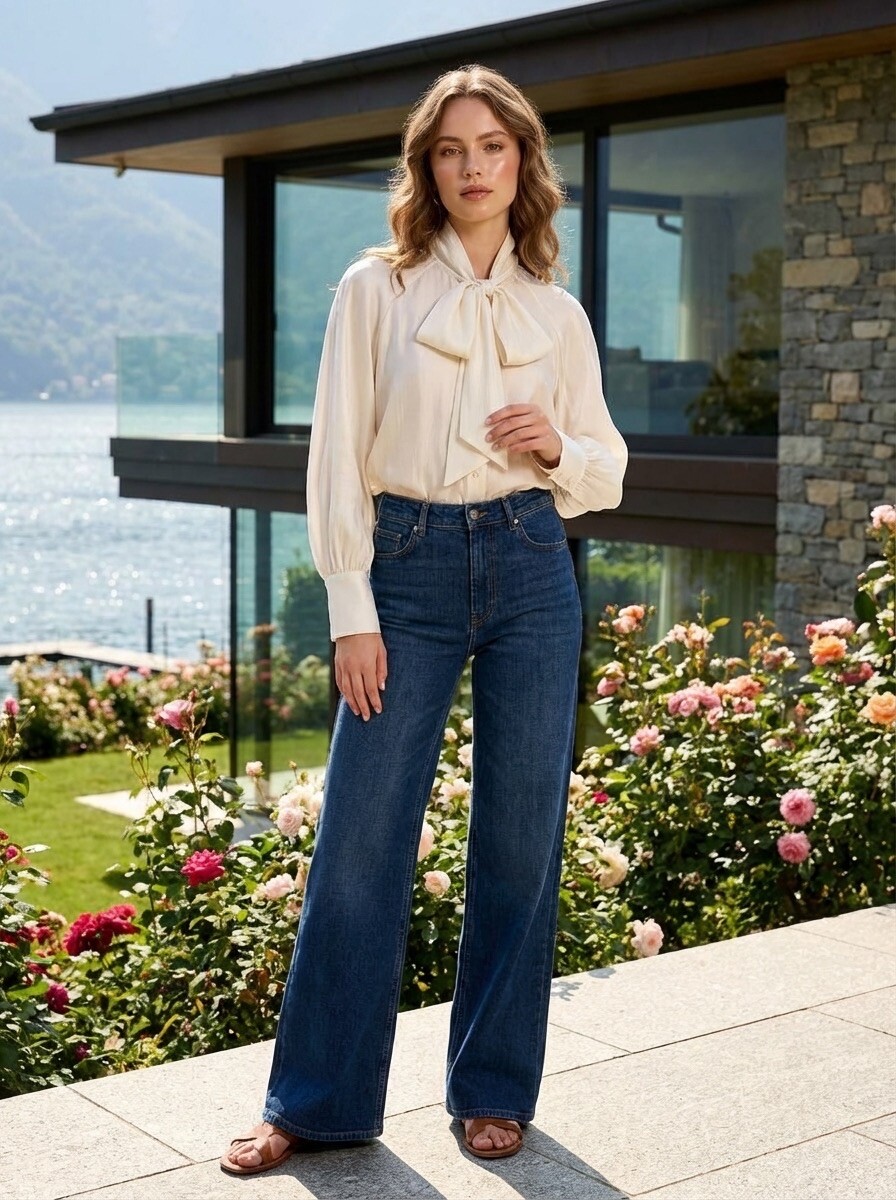 Mayorista LAFÉEROSE - Blusa de tencel fluida y holgada con cuello lavallière, mangas largas abullonadas con efecto seda