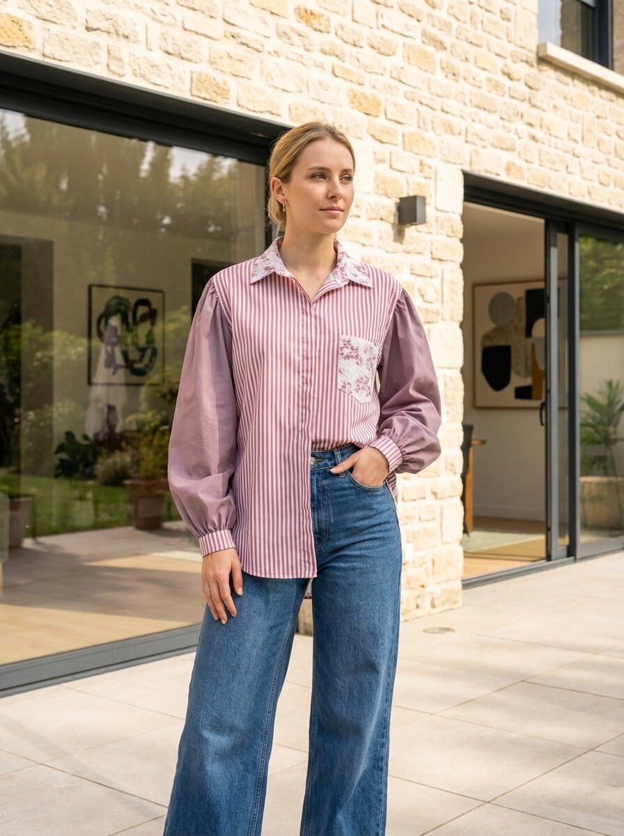 Grossiste LAFÉEROSE - Chemise oversize en coton à rayures et fleurs - boutons et poche sur le devant