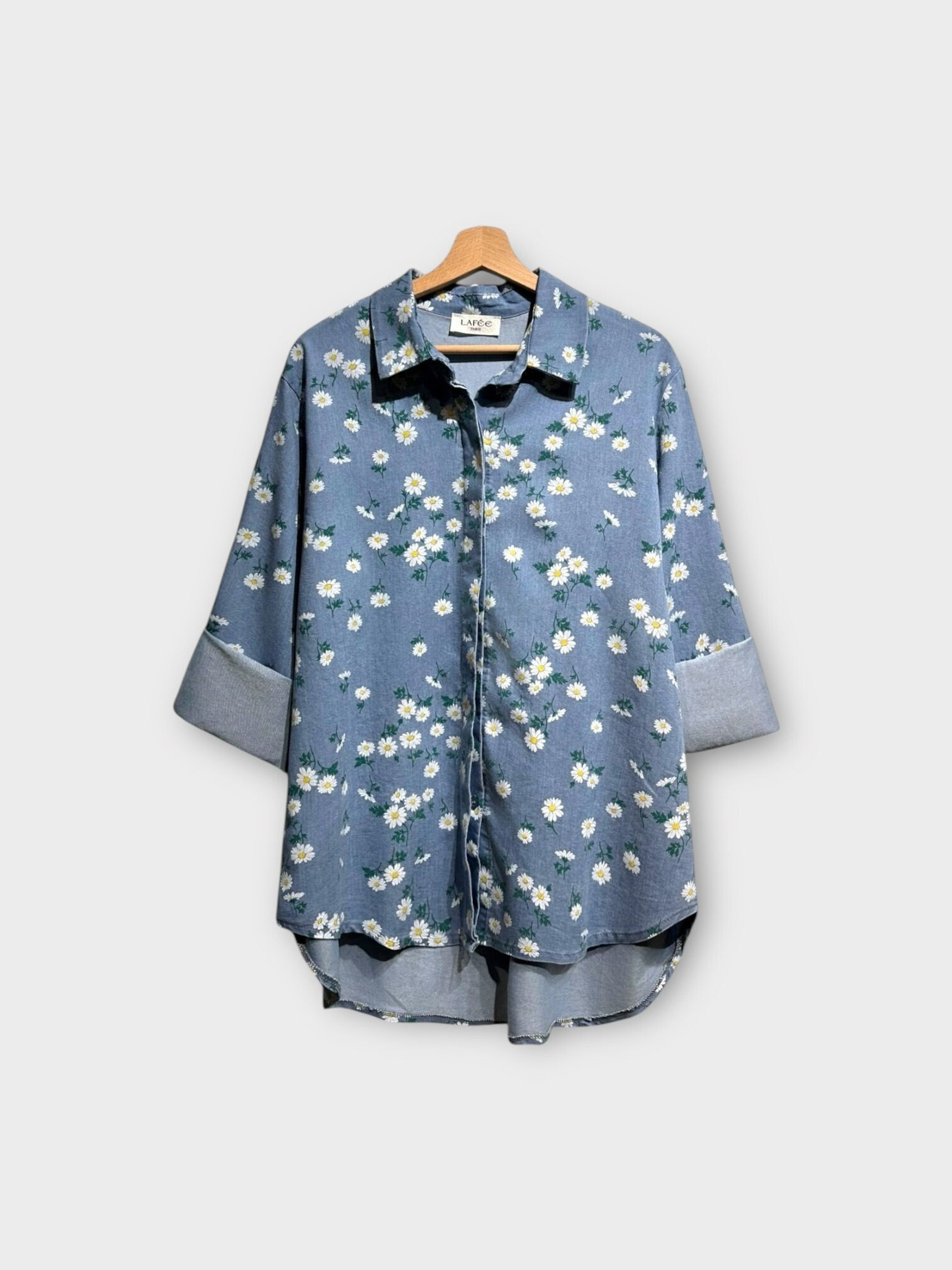 Wholesaler LAFÉEROSE - Oversize cotton shirt flexible denim with long -sleeved flowers - bohemian