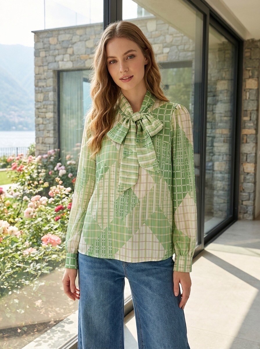 Grossista LAFÉEROSE - Blusa fluida stampata, colletto a maniche lunghe con fiocco effetto seta