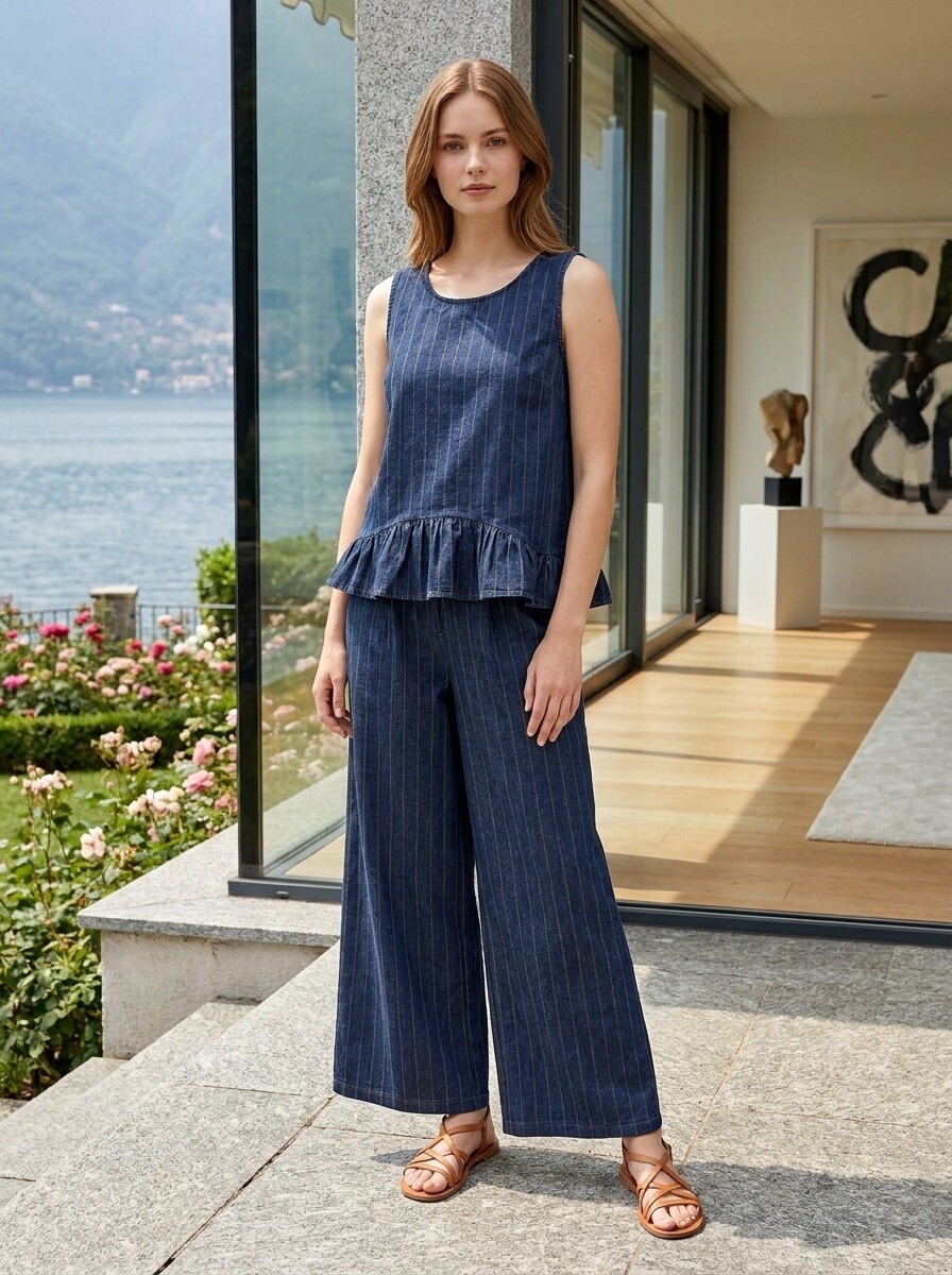 Grossiste LAFÉEROSE - Ensemble 2 Pièces en Jean Léger Rayé – Top Bas Ample & Pantalon Fluide avec
